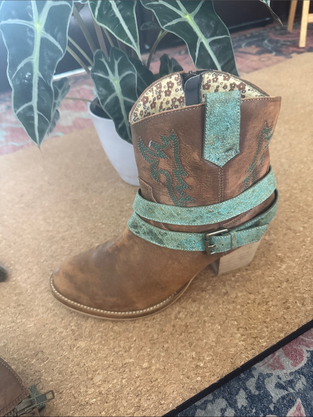 dingo Brown Suede Ankle Booties with Turquoise Strap Details